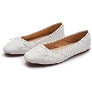 Women's B-white Polyurethane Closed Round Toe Comfortable Bow Ballet Flats Shoes